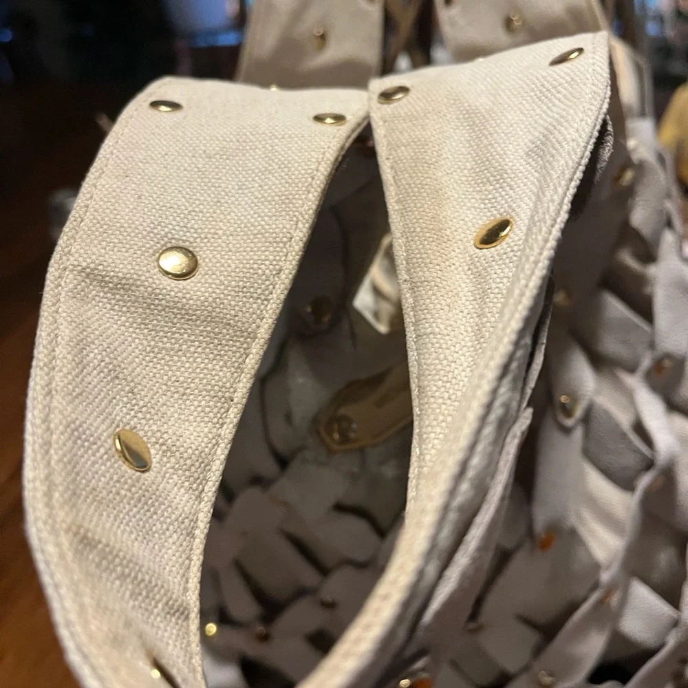 Michael Kors Cream Woven Leather Hobo with Gold-Tone Studs